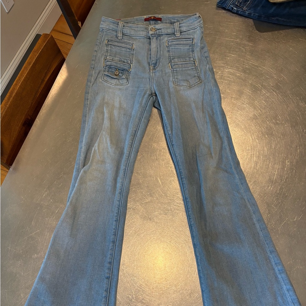 7 For All Man Kind Sky Blue Denim Flare Jeans Size 24